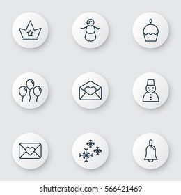 Set Of 9 New Year Icons. Includes Snow Person, Air Ball, Birthday Cake And Other Symbols. Beautiful Design Elements.