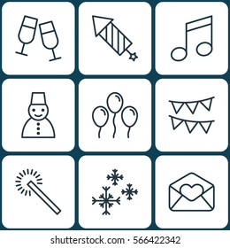 Set Of 9 New Year Icons. Includes Sparkles, Decorative Flags, Air Ball And Other Symbols. Beautiful Design Elements.