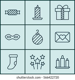 Set Of 9 New Year Icons. Includes Celebration Letter, Wax, Festive Fireworks And Other Symbols. Beautiful Design Elements.