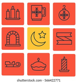 Set Of 9 New Year Icons. Includes Sled, Tree Toy, Crescent And Other Symbols. Beautiful Design Elements.