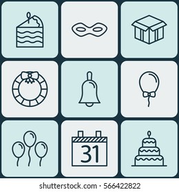 Set Of 9 New Year Icons. Includes Handbell, Balloon, Open Cardboard Symbols. Beautiful Design Elements.
