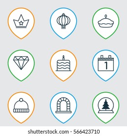Set Of 9 New Year Icons. Includes Corona, Flan, Magic Sphere And Other Symbols. Beautiful Design Elements.