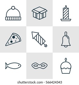 Set Of 9 New Year Icons. Includes Firework, Carnival Face, Handbell Symbols. Beautiful Design Elements.