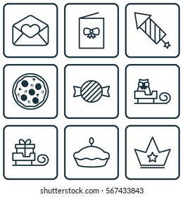 Set Of 9 New Year Icons. Includes Greeting Email, Firework, Pizza Meal And Other Symbols. Beautiful Design Elements.