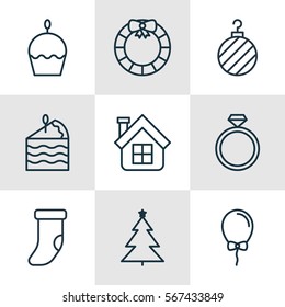 Set Of 9 New Year Icons. Includes Birthday Cake, Cake Piece, Balloon And Other Symbols. Beautiful Design Elements.