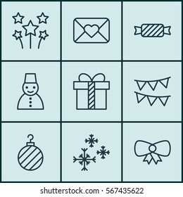 Set Of 9 New Year Icons. Includes Decorative Flags, Sweet, Star Snow And Other Symbols. Beautiful Design Elements.