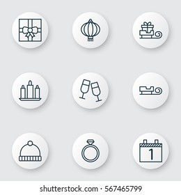 Set Of 9 New Year Icons. Includes Agenda, Toboggan, Wedding Jewel And Other Symbols. Beautiful Design Elements.