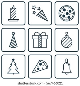 Set Of 9 New Year Icons. Includes Birthday Hat, Fire Wax, Handbell Symbols. Beautiful Design Elements.