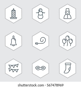Set Of 9 New Year Icons. Includes Decorative Flags, Celebrate Whistle, Fireplace Decoration And Other Symbols. Beautiful Design Elements.