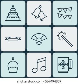 Set Of 9 New Year Icons. Includes Dessert, Japan Souvenir, Birthday Cake And Other Symbols. Beautiful Design Elements.
