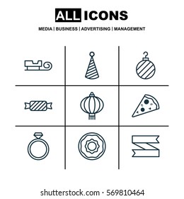 Set Of 9 New Year Icons. Includes Birthday Hat, Blank Ribbon, Christmas Ball And Other Symbols. Beautiful Design Elements.