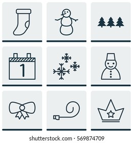 Set Of 9 New Year Icons. Includes Celebrate Whistle, Winter, Snow Person And Other Symbols. Beautiful Design Elements.