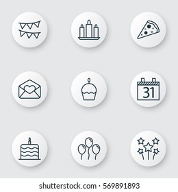Set Of 9 New Year Icons. Includes Festive Fireworks, Date, Wax And Other Symbols. Beautiful Design Elements.