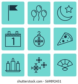 Set Of 9 New Year Icons. Includes Japan Souvenir, Air Ball, Agenda And Other Symbols. Beautiful Design Elements.
