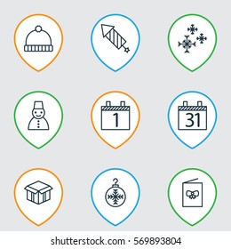 Set Of 9 New Year Icons. Includes Snow Person, Star Snow, Knitted Cap And Other Symbols. Beautiful Design Elements.