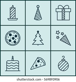 Set Of 9 New Year Icons. Includes Sliced Pizza, Pizza Meal, Fire Wax And Other Symbols. Beautiful Design Elements.