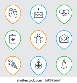 Set Of 9 New Year Icons. Includes Handbell, Firecracker, Champagne Glasses Symbols. Beautiful Design Elements.
