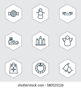 Set Of 9 New Year Icons. Includes Wax, Winter, Trading And Other Symbols. Beautiful Design Elements.