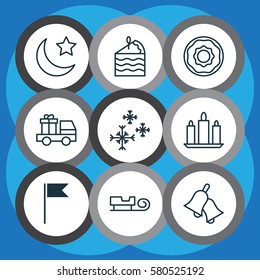 Set Of 9 New Year Icons. Includes Cake Piece, Star Snow, Ringer And Other Symbols. Beautiful Design Elements.