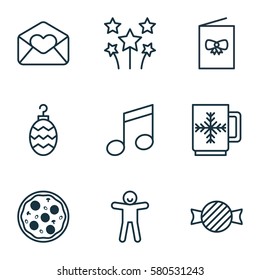 Set Of 9 New Year Icons. Includes Greeting Email, Festive Fireworks, Crotchets And Other Symbols. Beautiful Design Elements.