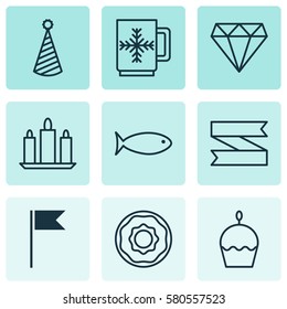 Set Of 9 New Year Icons. Includes Winter Cup, Birthday Cake, Flag Point And Other Symbols. Beautiful Design Elements.