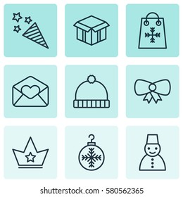 Set Of 9 New Year Icons. Includes Open Cardboard, Tree Toy, Knitted Cap And Other Symbols. Beautiful Design Elements.