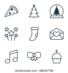 Set Of 9 New Year Icons. Includes Decorated Tree, Magic Sphere, Crotchets And Other Symbols. Beautiful Design Elements.