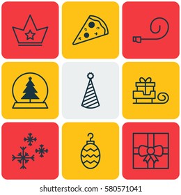 Set Of 9 New Year Icons. Includes Magic Sphere, Gift Surprise, Toboggan And Other Symbols. Beautiful Design Elements.