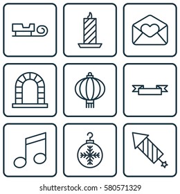 Set Of 9 New Year Icons. Includes Greeting Email, Crotchets, Tree Toy And Other Symbols. Beautiful Design Elements.