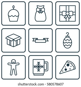 Set Of 9 New Year Icons. Includes Christmas Toy, Placard, Birthday Cake And Other Symbols. Beautiful Design Elements.