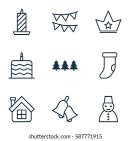Set Of 9 New Year Icons. Includes Snow Person, Residential, Decorative Flags And Other Symbols. Beautiful Design Elements.