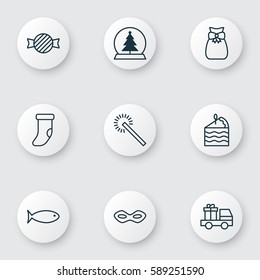 Set Of 9 New Year Icons. Includes Cake Piece, Fishing, Fireplace Decoration And Other Symbols. Beautiful Design Elements.