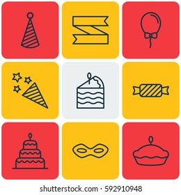 Set Of 9 New Year Icons. Includes Carnival Face, Birthday Hat, Dessert And Other Symbols. Beautiful Design Elements.
