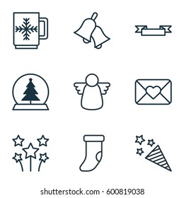 Set Of 9 New Year Icons. Includes Ringer, Magic Sphere, Placard And Other Symbols. Beautiful Design Elements.