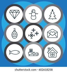 Set Of 9 New Year Icons. Includes Star Snow, Residential, Winter And Other Symbols. Beautiful Design Elements.