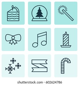 Set Of 9 New Year Icons. Includes Lollipop, Fire Wax, Magic Sphere And Other Symbols. Beautiful Design Elements.