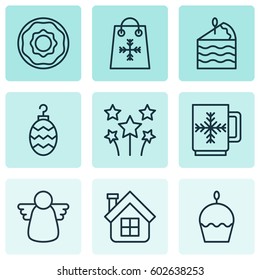 Set Of 9 New Year Icons. Includes Winter Cup, Residential, Cake Piece And Other Symbols. Beautiful Design Elements.