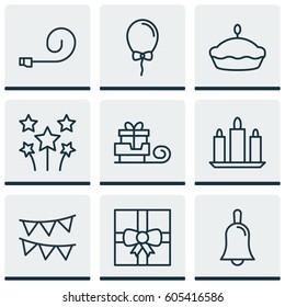 Set Of 9 New Year Icons. Includes Flan, Balloon, Handbell Symbols. Beautiful Design Elements.