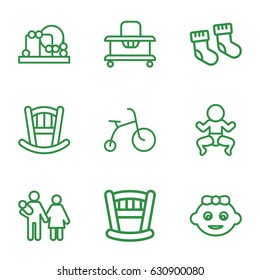 set of 9 newborn outline icons such as baby bed, baby socks