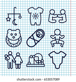 Set of 9 newborn outline icons such as bed mobile, baby onesie, newborn child