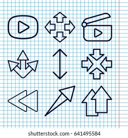 Set of 9 next outline icons such as play back, arrow up, arrow, play