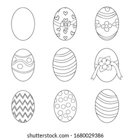 Juego de 9, nueve huevos de Pascua decorados a mano sobre fondo blanco, Feliz Pascua, alegría, felicidad Vector EPS
