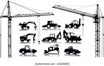 Set of 9 (nine) silhouettes of tractors and 2 (two) cranes