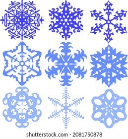 Conjunto de 9 (nueve) copos de nieve. Elementos de decoración vectorial plana de invierno. 