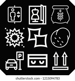 Set of 9 nobody outline icons such as potato, side up, elevator, explosion, pillow, sleeping mask, magazine, parking