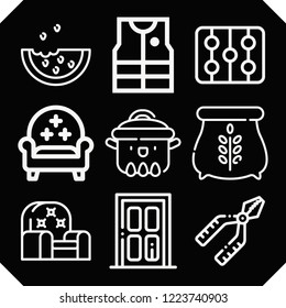 Set of 9 nobody outline icons such as door, pliers, watermelon, sofa, fishing vest, hockey pitch, armchair, cooking pot