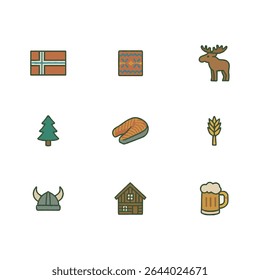 Set of 9 Norway icons, flag and national symbols. Simple cartoon style illustration.
