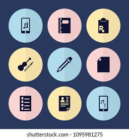 Set of 9 note filled icons such as document, violin, mobile phone music, notebook, pencil, paper, resume