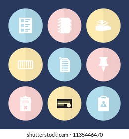 Set of 9 note filled icons such as piano, pin, documents box, checklist, notebook, resume, document, clipboard