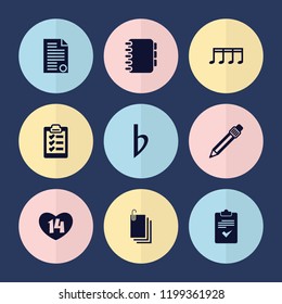 Set of 9 note filled icons such as pen, clipboard, notebook, document, 14 date, paper, bemol